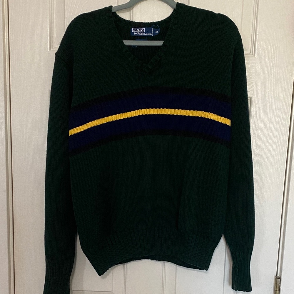 Polo Ralph Lauren Men's Vintage V-Neck Sweater Green w/Yellow and Blue Stripes